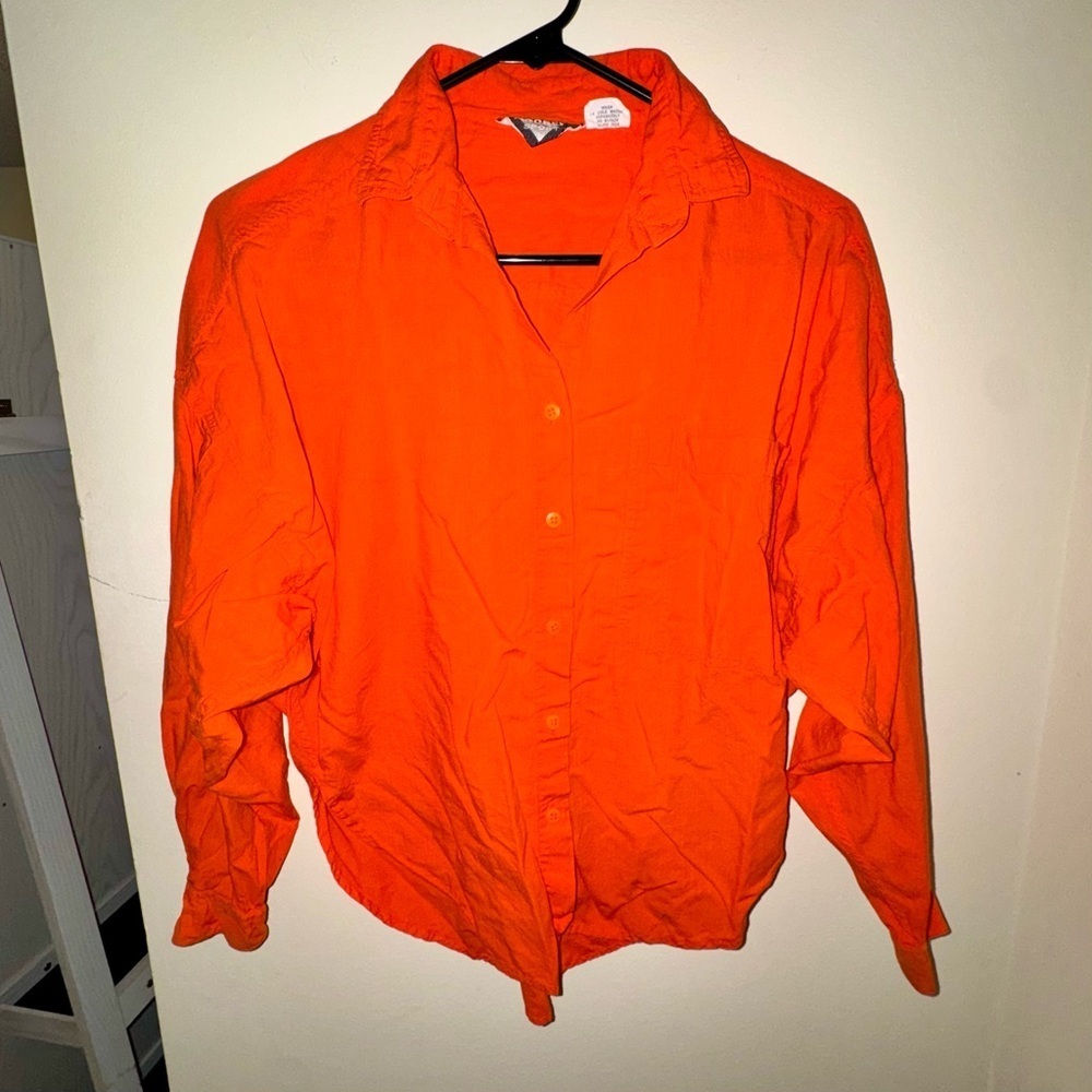 Vintage Andrew Sport Orange Button-Up Shirt Puff Sleeves